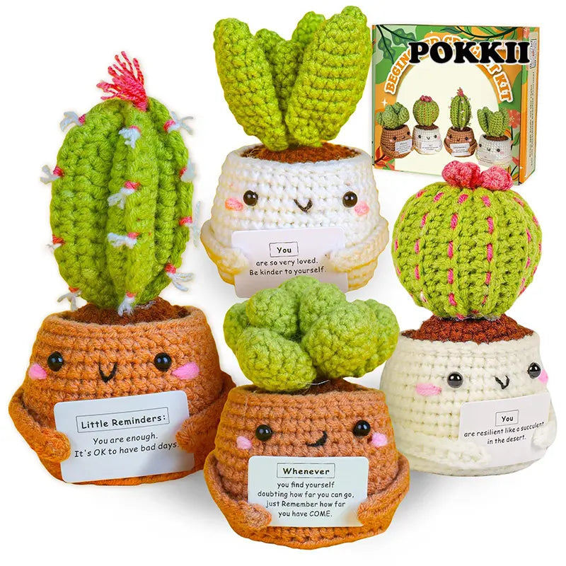 Handmade Crochet Cactus Kit – 4Pcs Beginner-Friendly Gift Set - POKKII